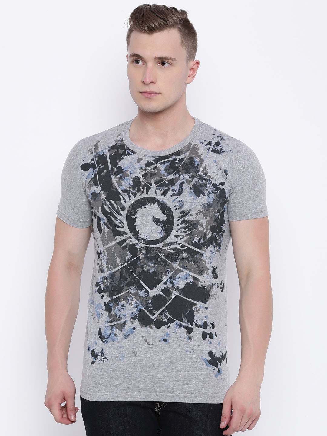 

Status Quo Men Grey Melange Printed Slim Fit Round Neck T-shirt