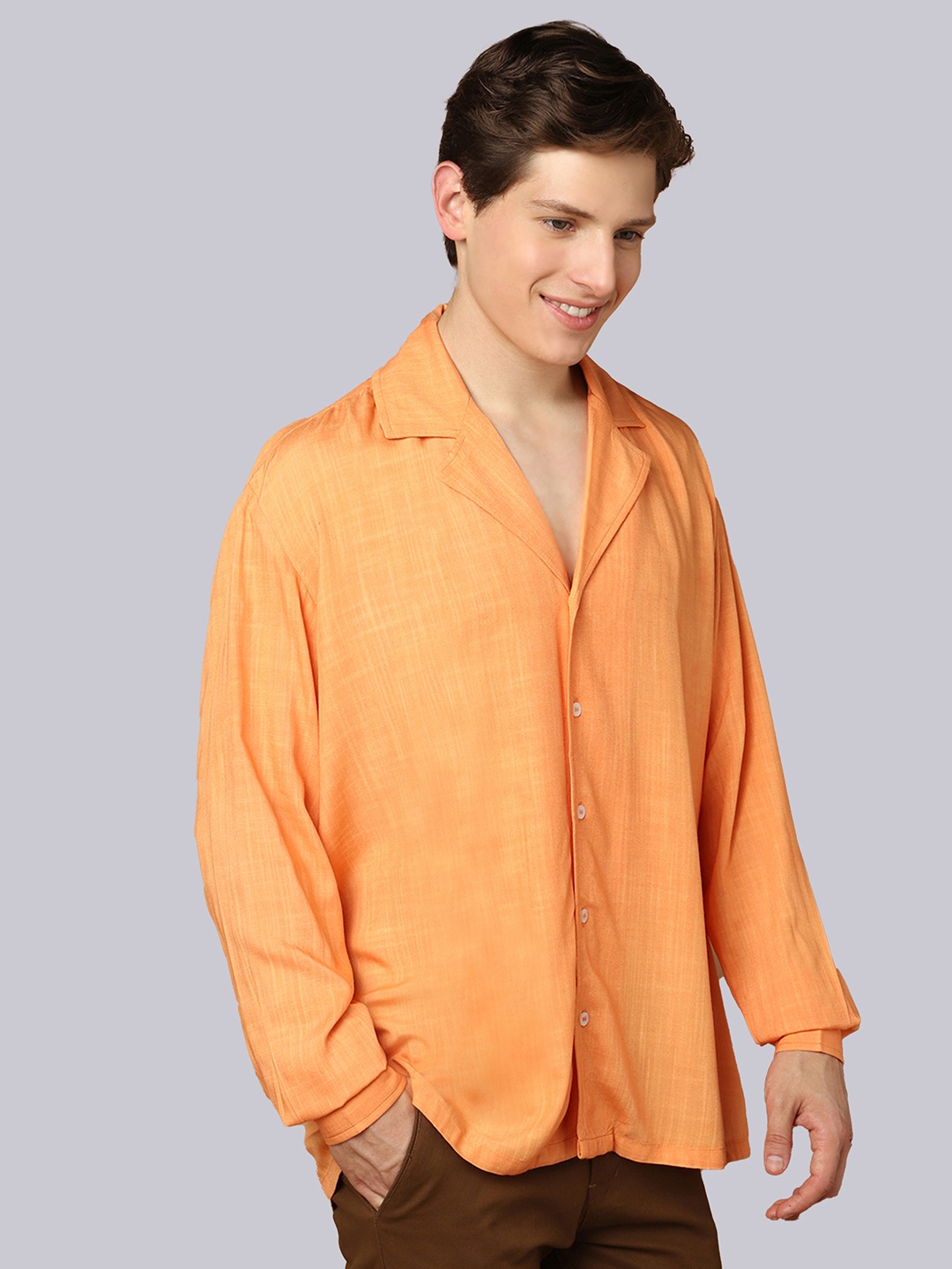 

SHABERRY Men Orange Solid Classic Casual Shirt