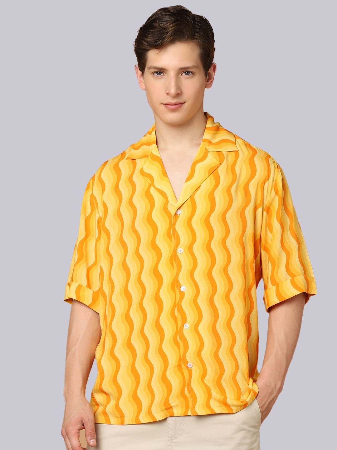

SHABERRY Men Orange Printed Casual Shirt