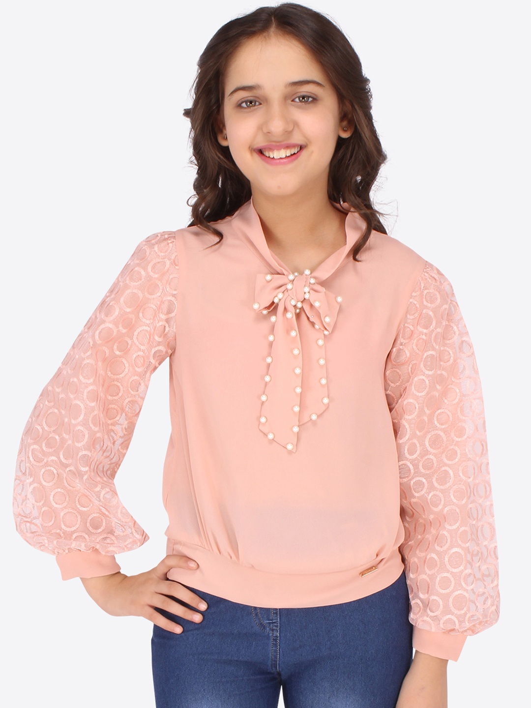 

CUTECUMBER Peach-Coloured & chintz rose Tie-Up Neck Georgette Top