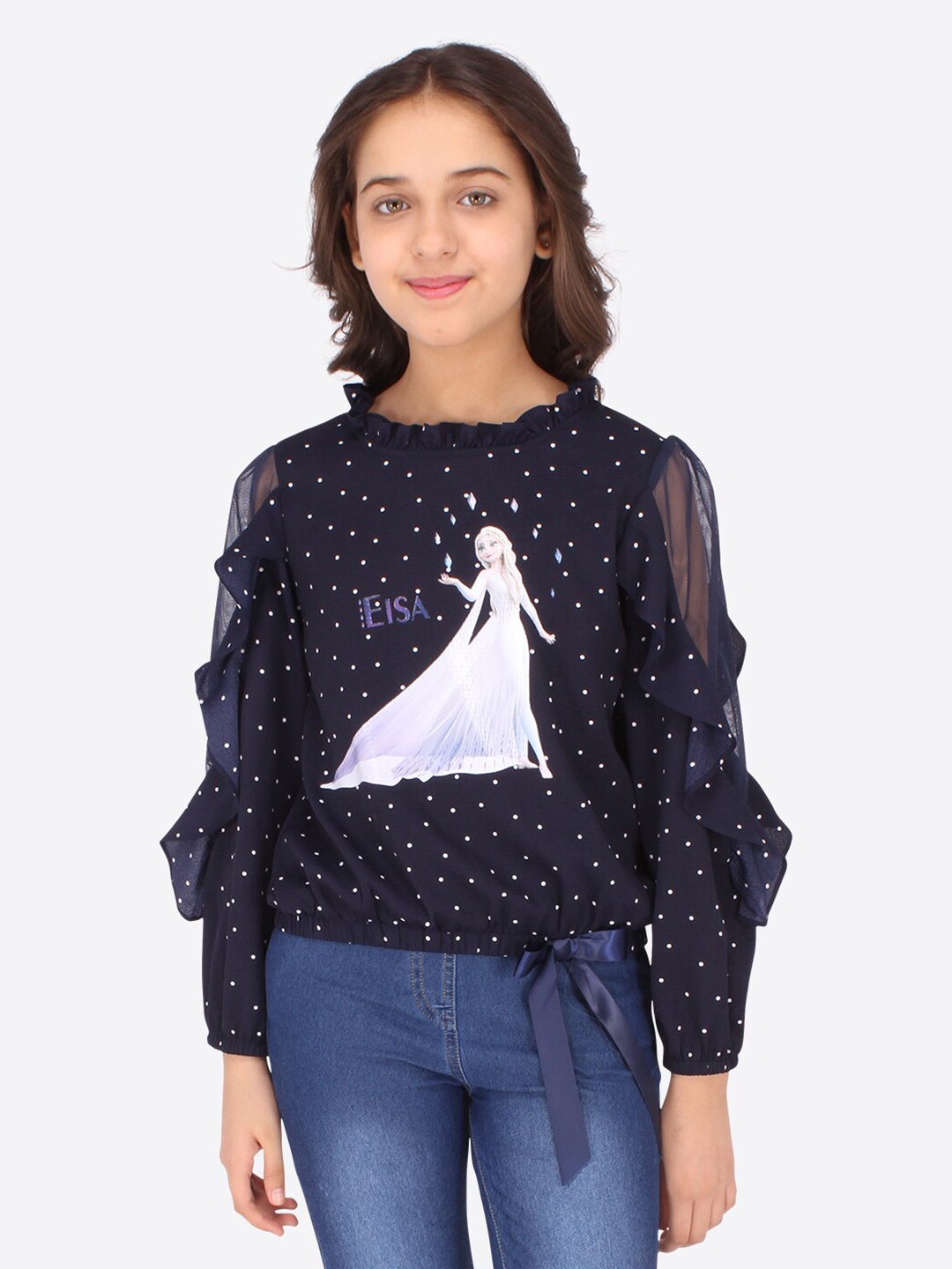 

CUTECUMBER Navy Blue & dark sapphire Print Applique Georgette Top