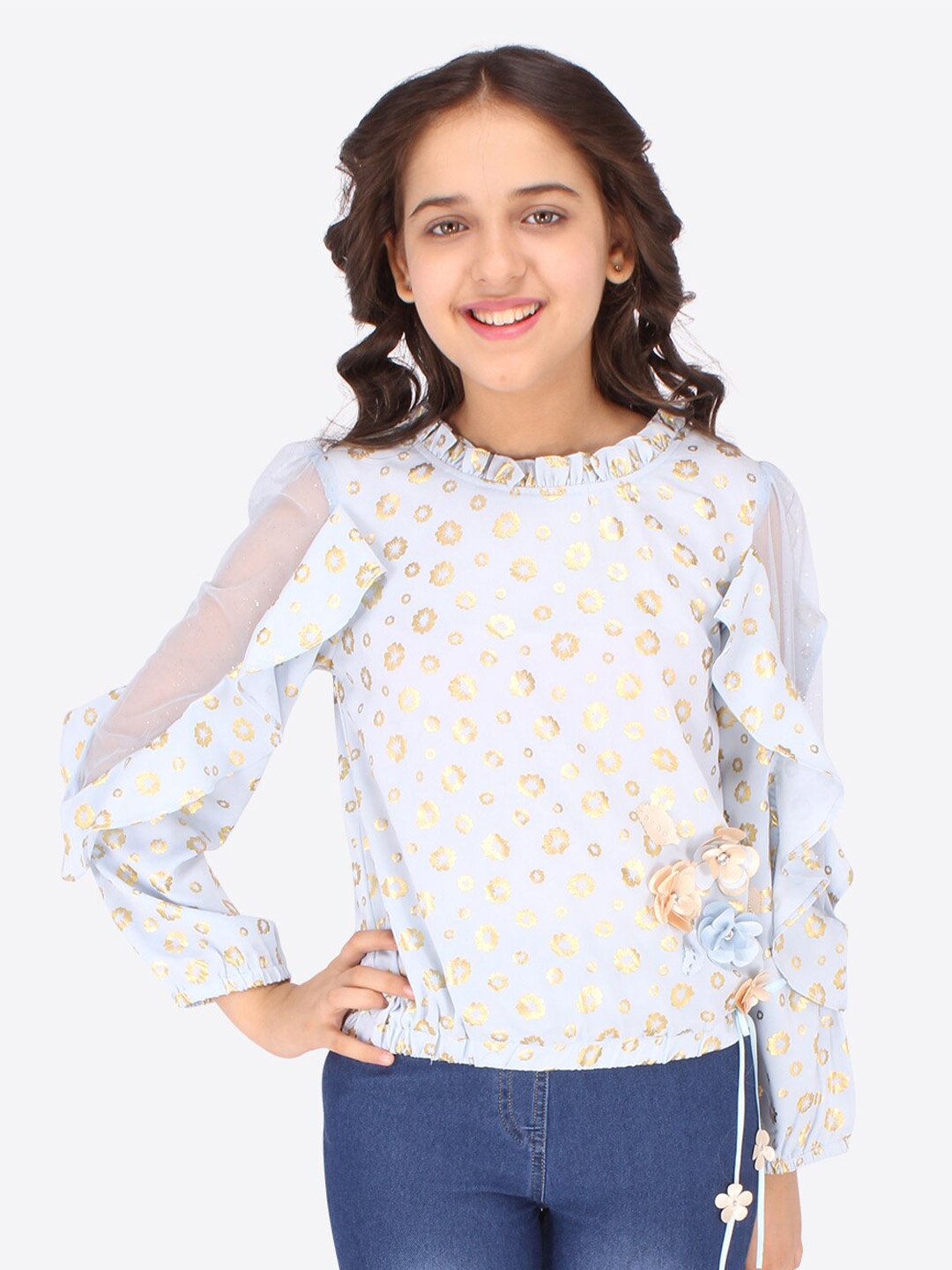 

CUTECUMBER Blue & magnolia Floral Print Applique Top