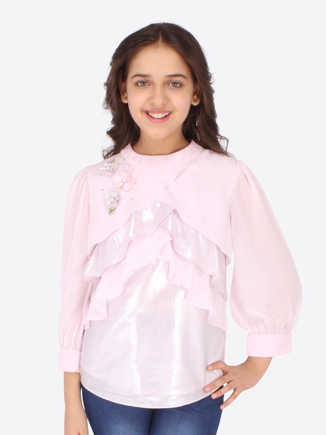 

CUTECUMBER Girls Pink Georgette long sleeves ruffles design Top
