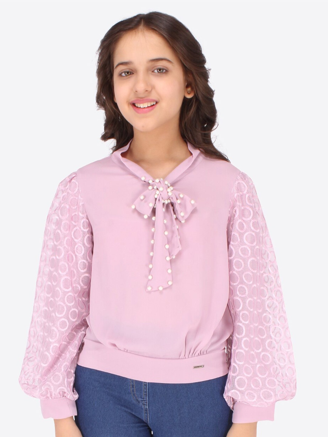 

CUTECUMBER Girls Mauve & White Tie-Up Neck Bishop Sleeves Georgette Blouson Top