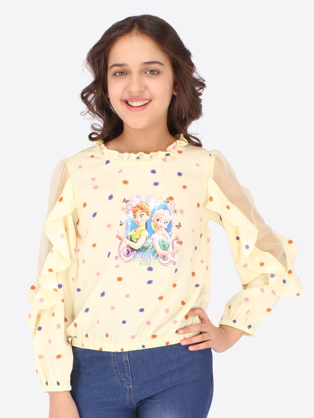 

CUTECUMBER Yellow & beige Floral Print Applique Top