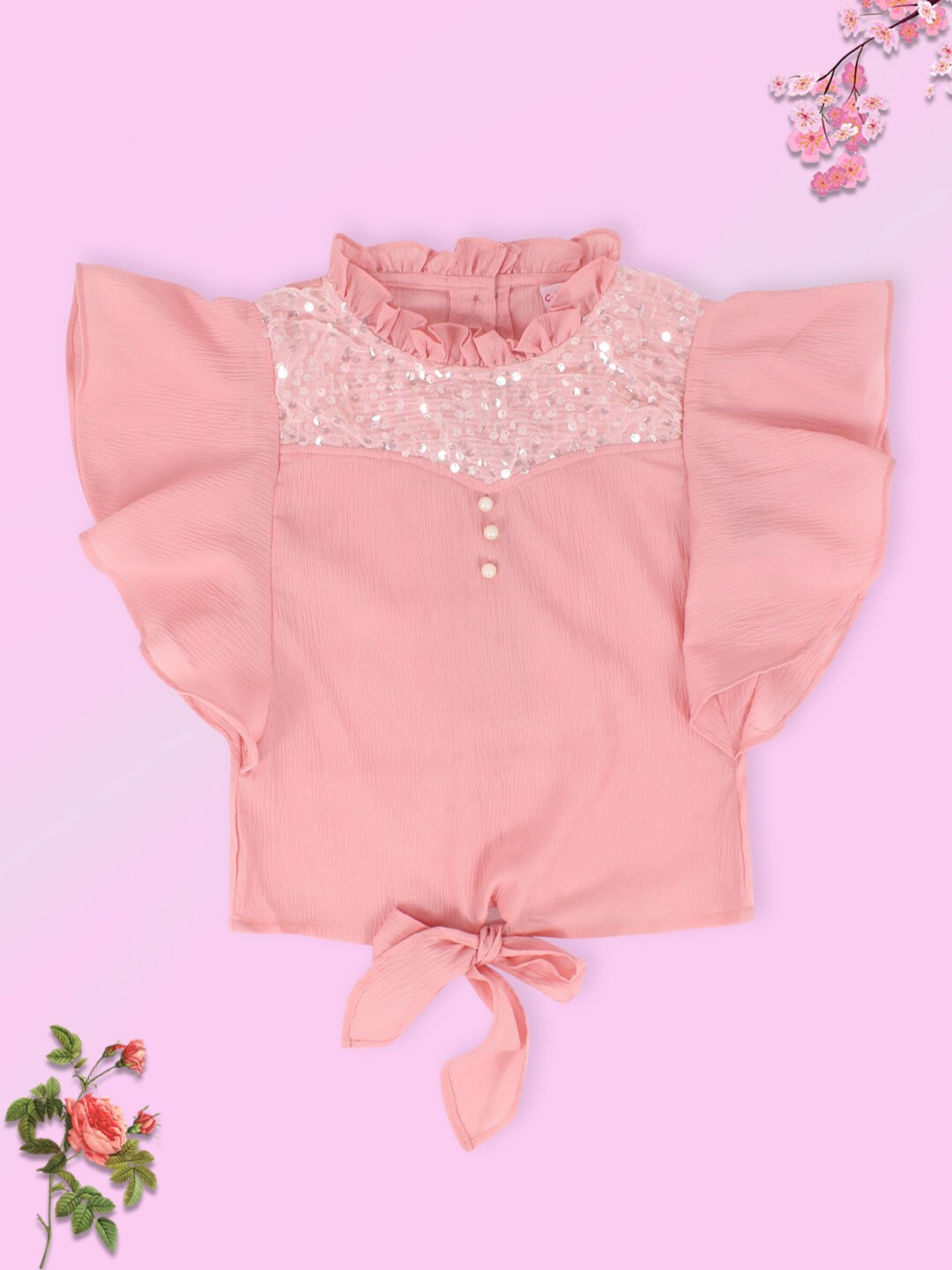 

CUTECUMBER Girls Peach-Coloured Georgette Top