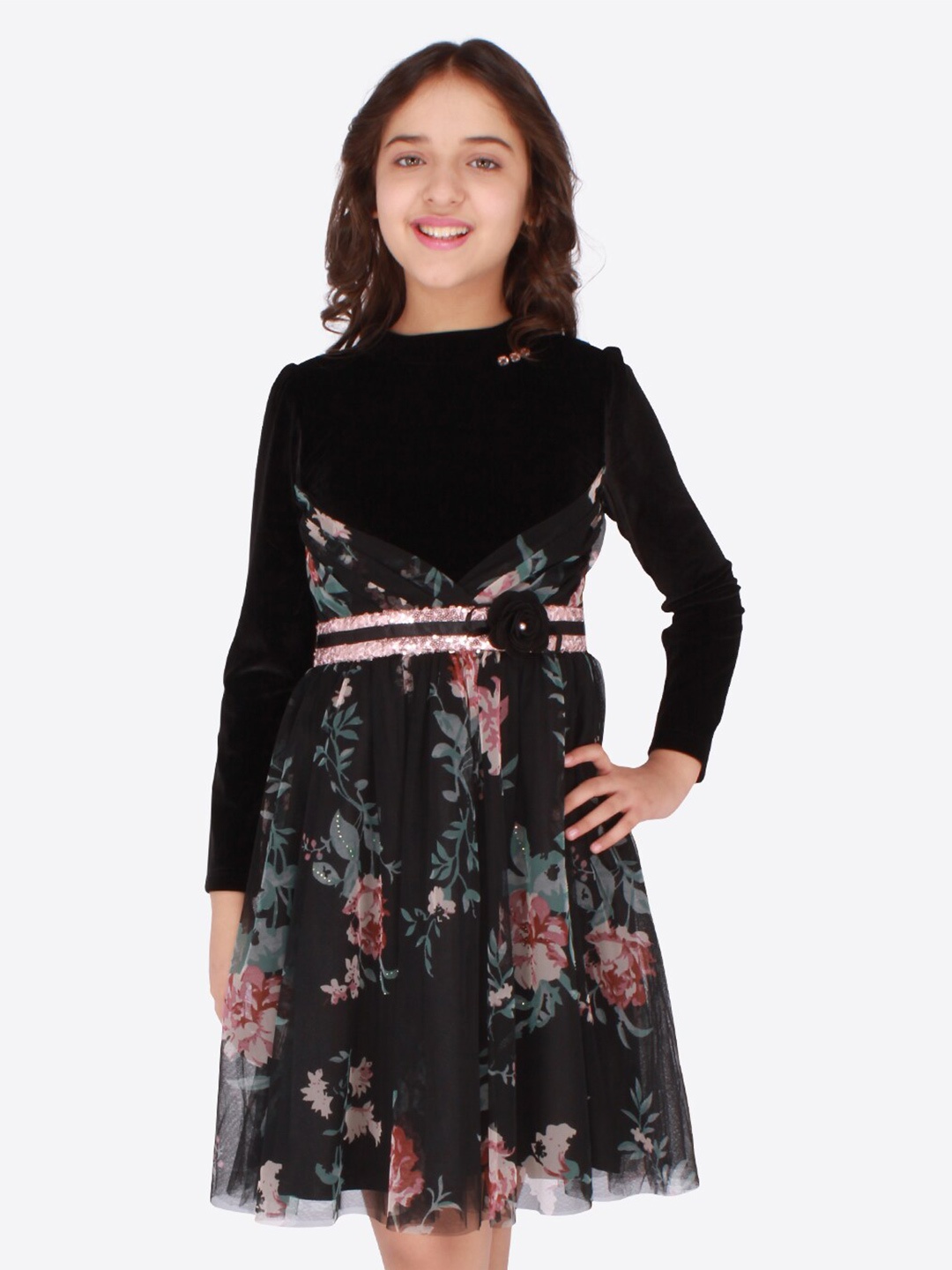 

CUTECUMBER Girls Black & brown Floral Applique Dress