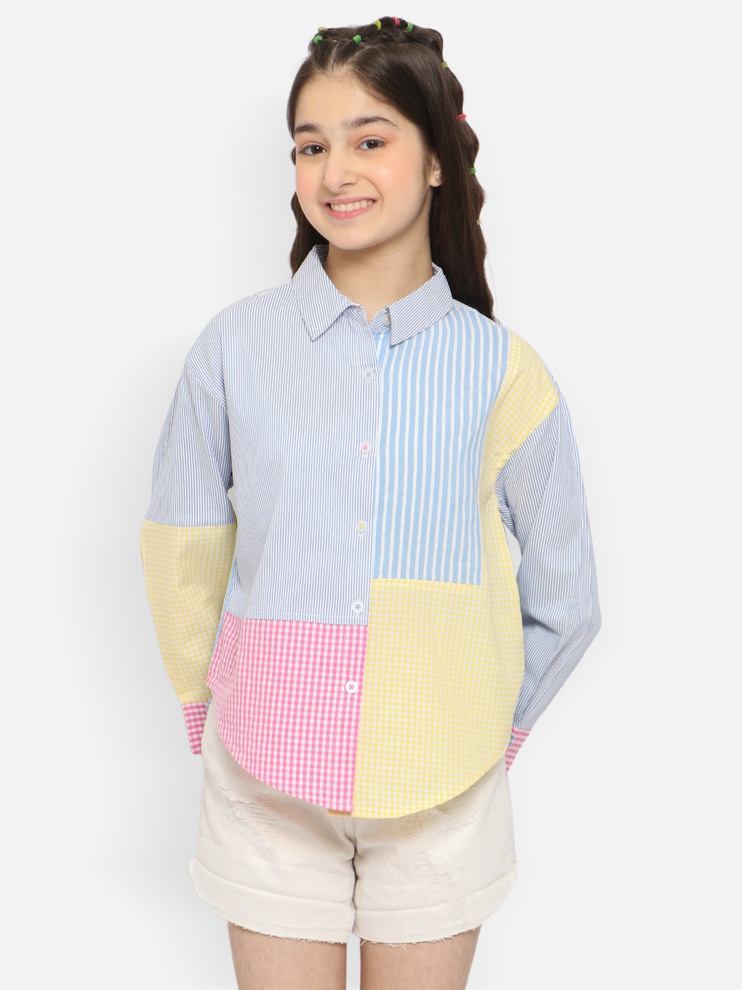 

Natilene Girls Blue Standard Striped Casual Shirt