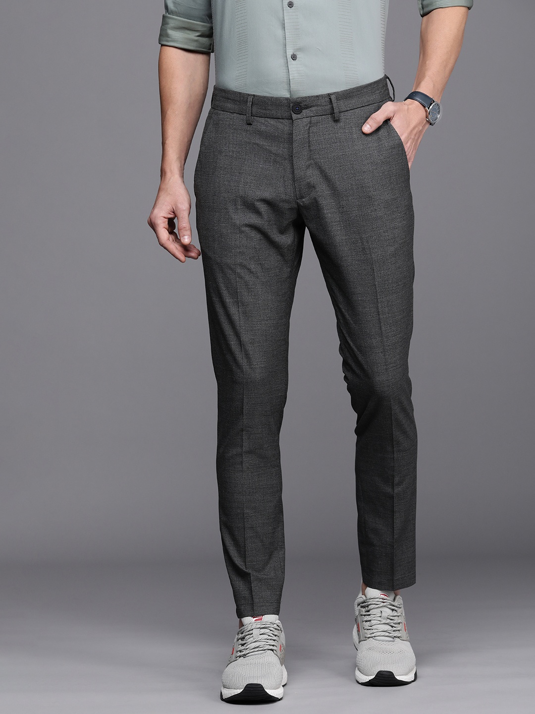 

Louis Philippe Ath Work Men Charcoal Self Designed Slim Fit Trousers