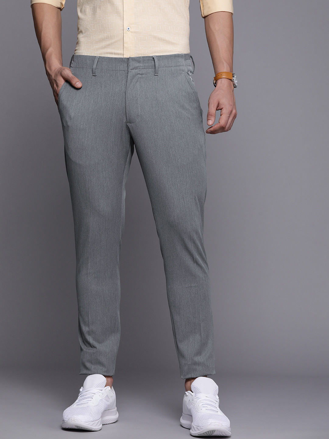 

Louis Philippe Ath Work Men Grey Solid Comfy Tapered Fit Trousers