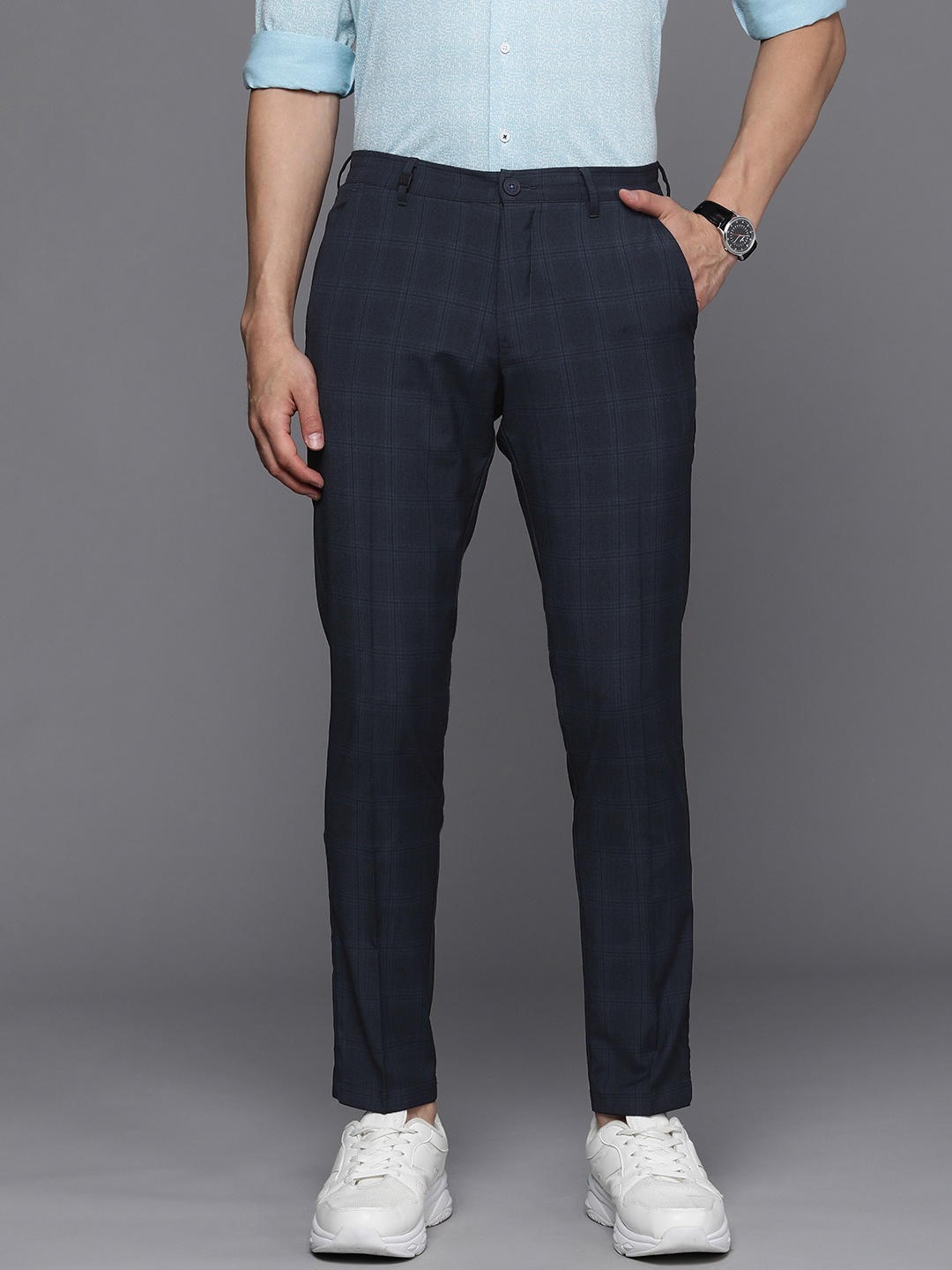 

Louis Philippe Ath Work Men Navy Blue Checked Slim Fit Regular Trousers