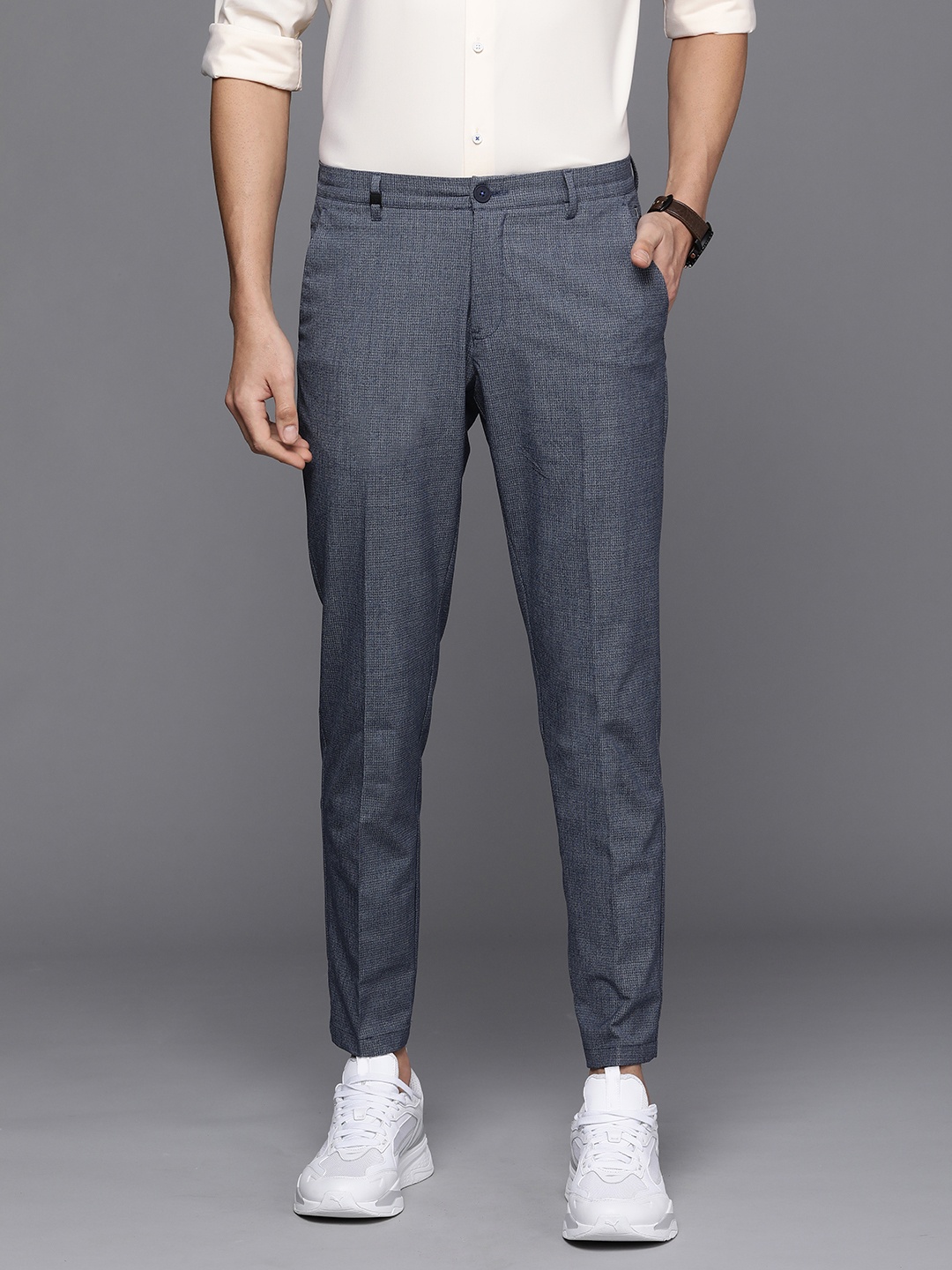

Louis Philippe Ath Work Men Navy Blue Textured Slim Fit Regular Trousers