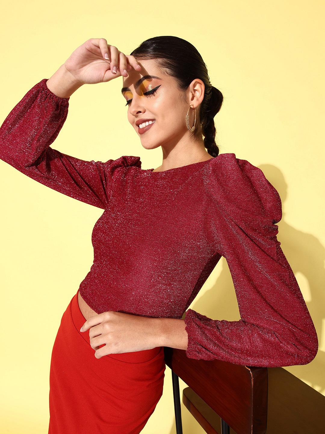 

DressBerry Glam Maroon Glitter Embellished Shimmer Crop Corset Top