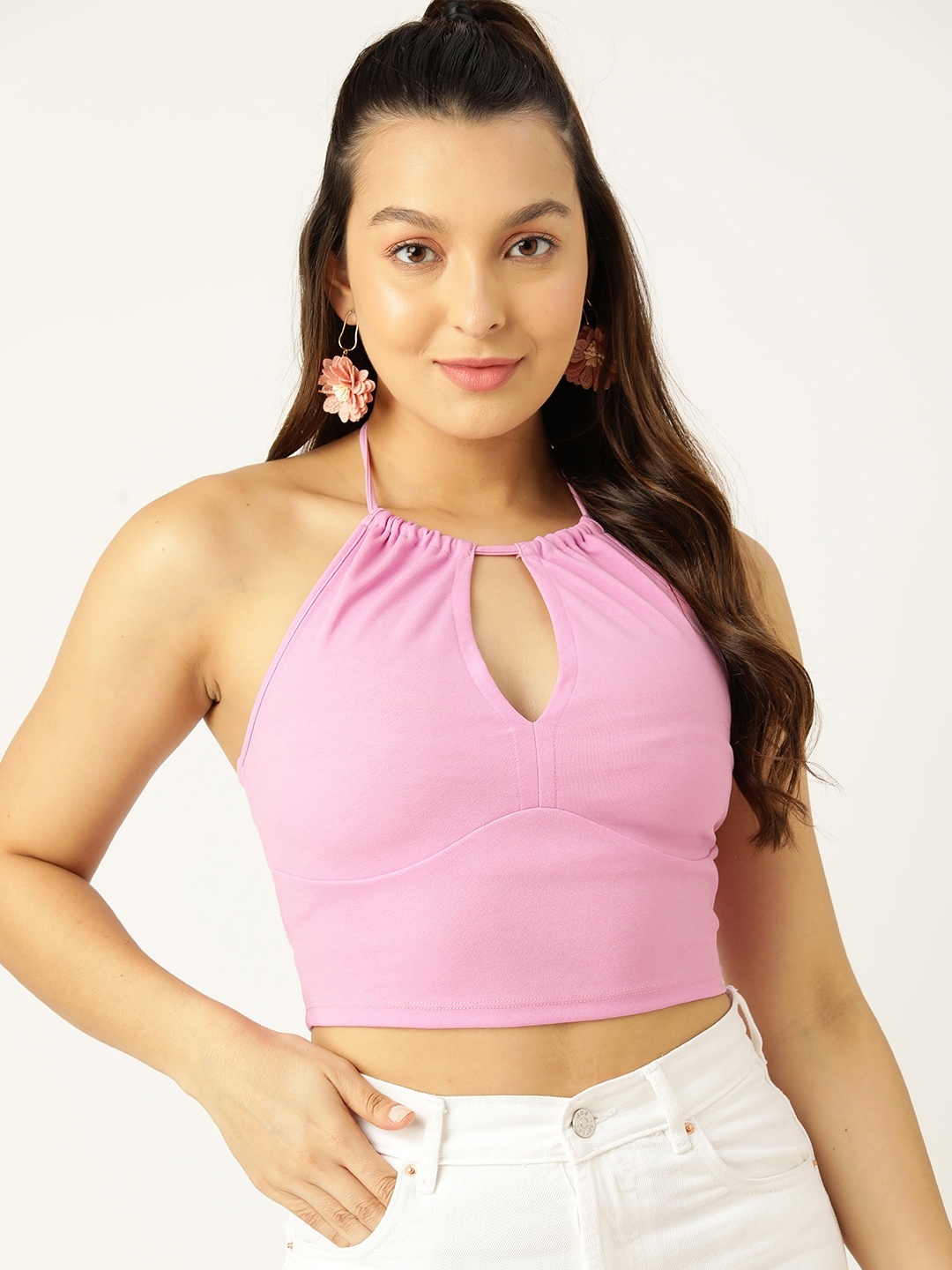 

DressBerry Halter Neck Smocked Crop Top, Pink