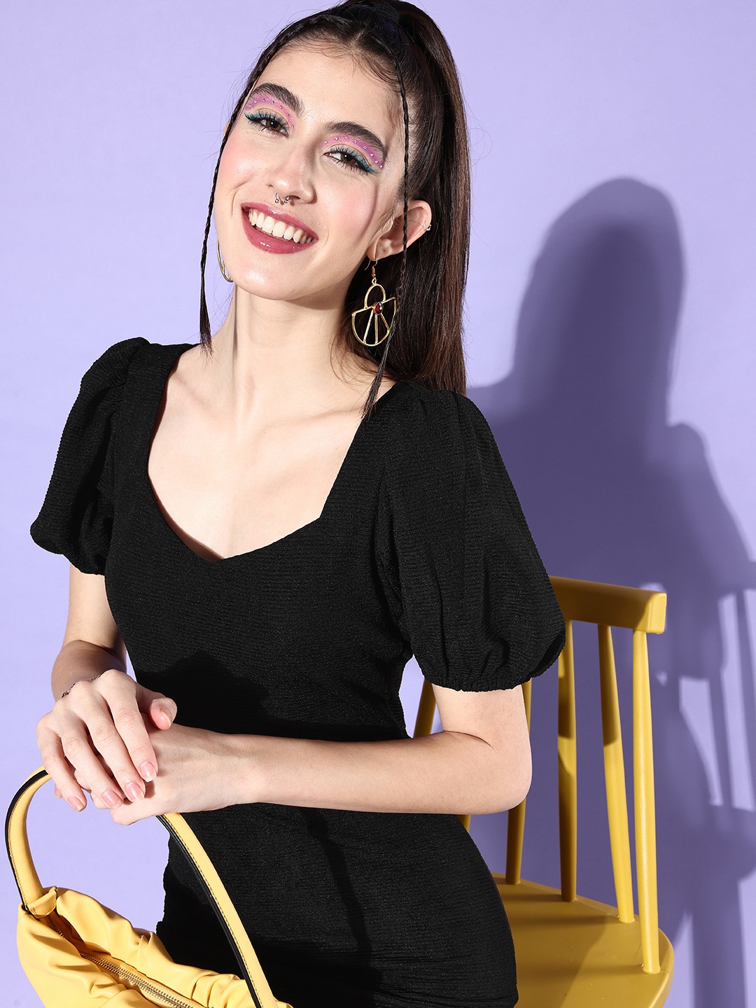 

4WRD by Dressberry Jet Black V-Neck Once Upon a Sleeve Bodycon Dress