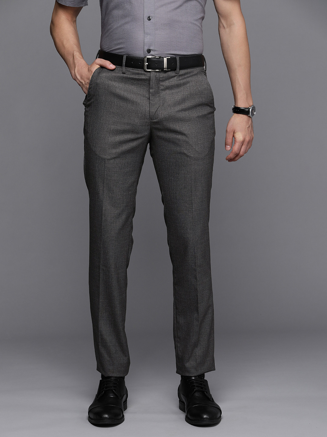 

Louis Philippe Men Grey & White Checked Slim Fit Trousers