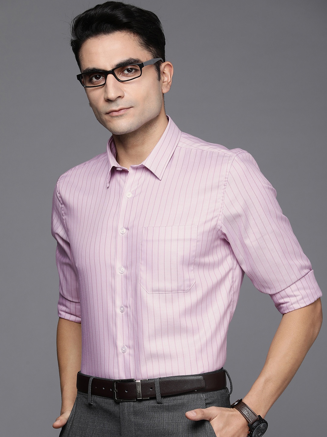 

Louis Philippe Men Pink Slim Fit Striped Pure Cotton Formal Shirt