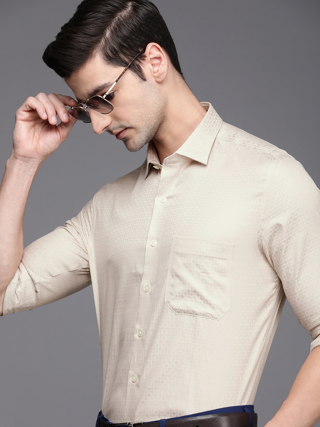 

Louis Philippe Men Beige Self-Design Slim Fit Pure Cotton Formal Shirt