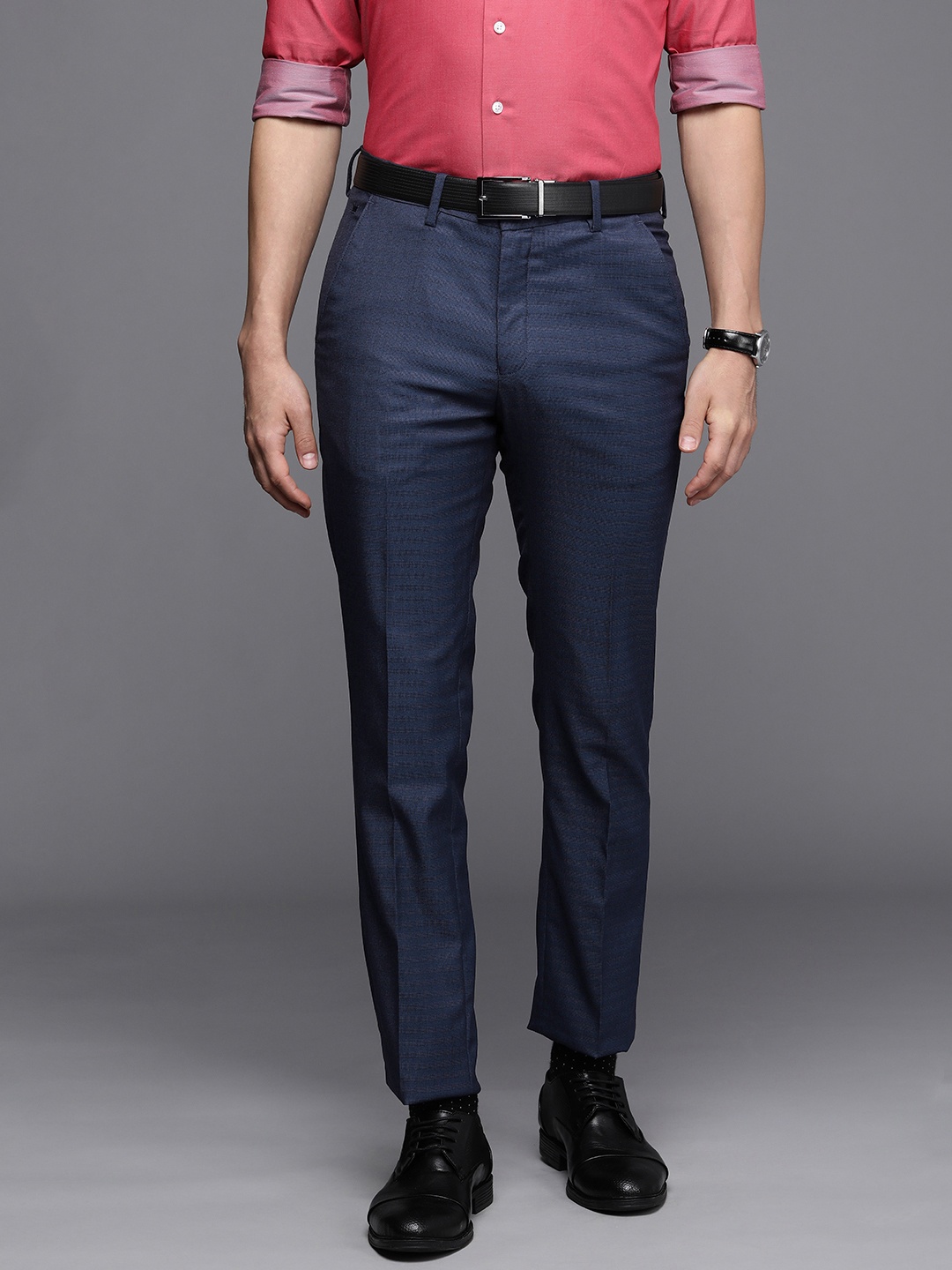 

Louis Philippe Men Navy Blue Textured Slim Fit Formal Trousers