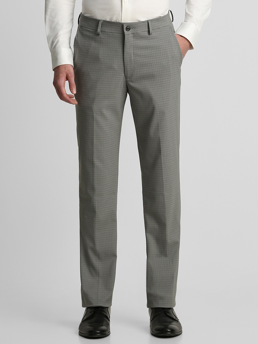 

Louis Philippe Men Grey & White Checked Slim Fit Trousers