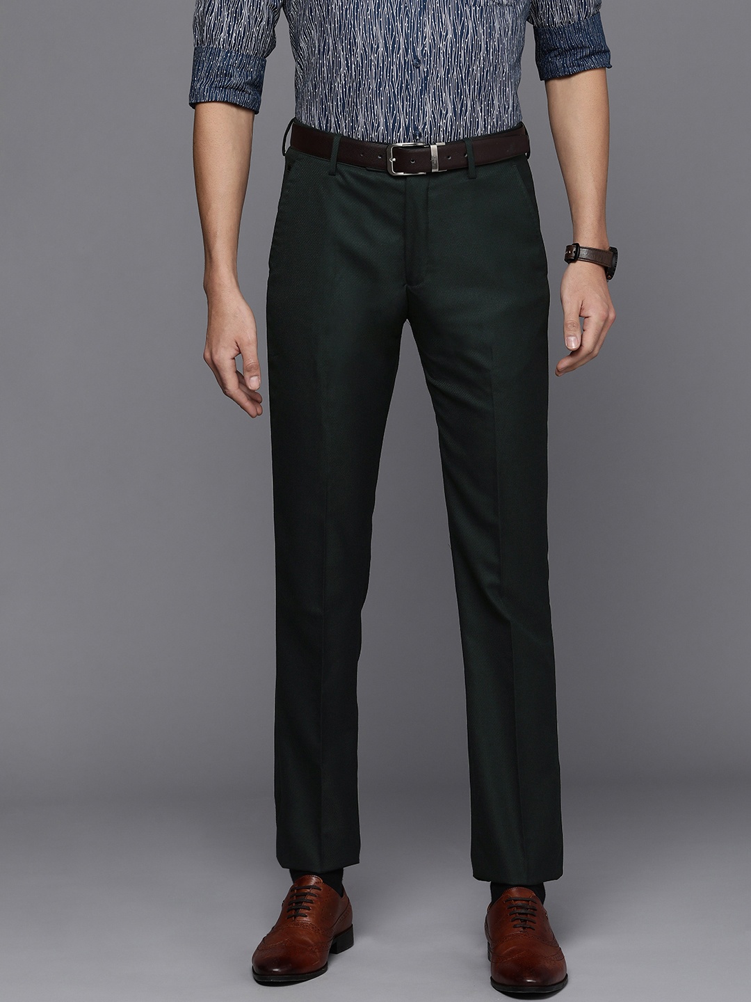 

Louis Philippe Men Green Textured Slim Fit Formal Trousers