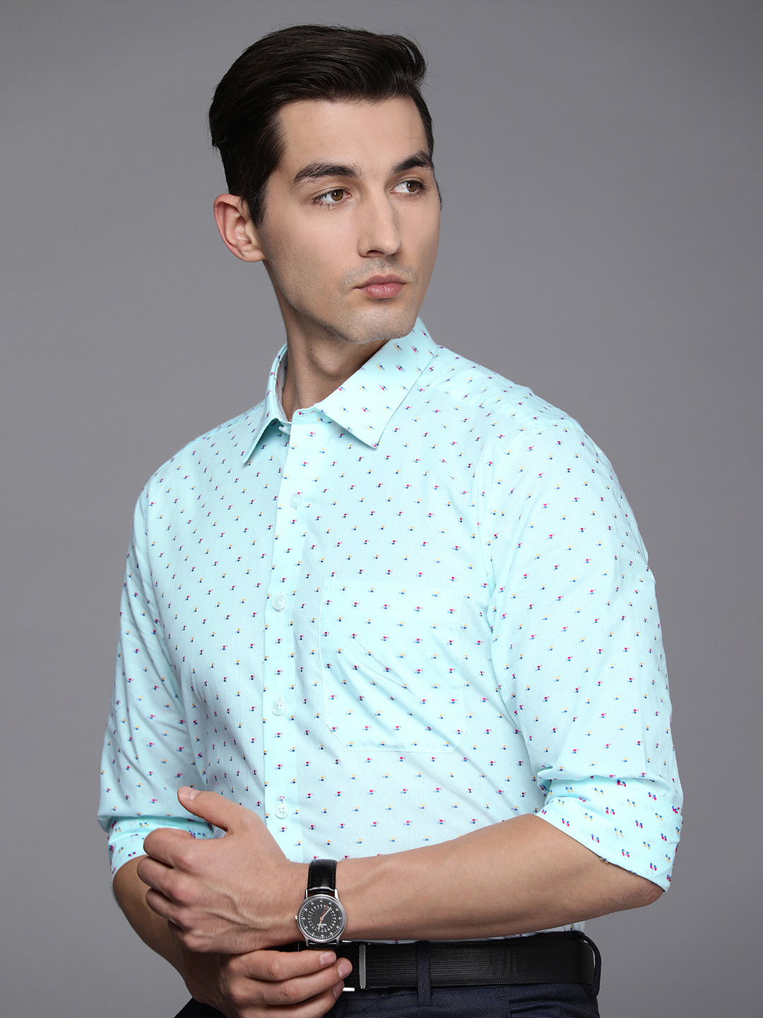 

Louis Philippe Men Blue Pure Cotton Self Designed Slim Fit Formal Shirt