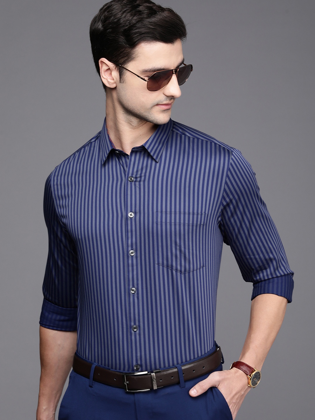 

Louis Philippe Men Navy Blue & Grey Slim Fit Striped Formal Shirt