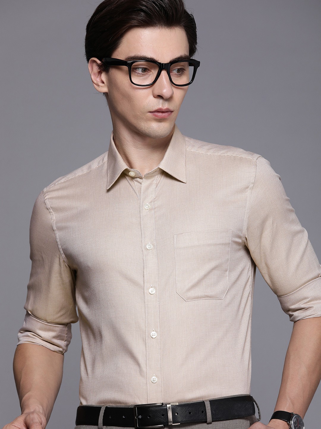 

Louis Philippe Men Beige Self-Design Slim Fit Pure Cotton Formal Shirt