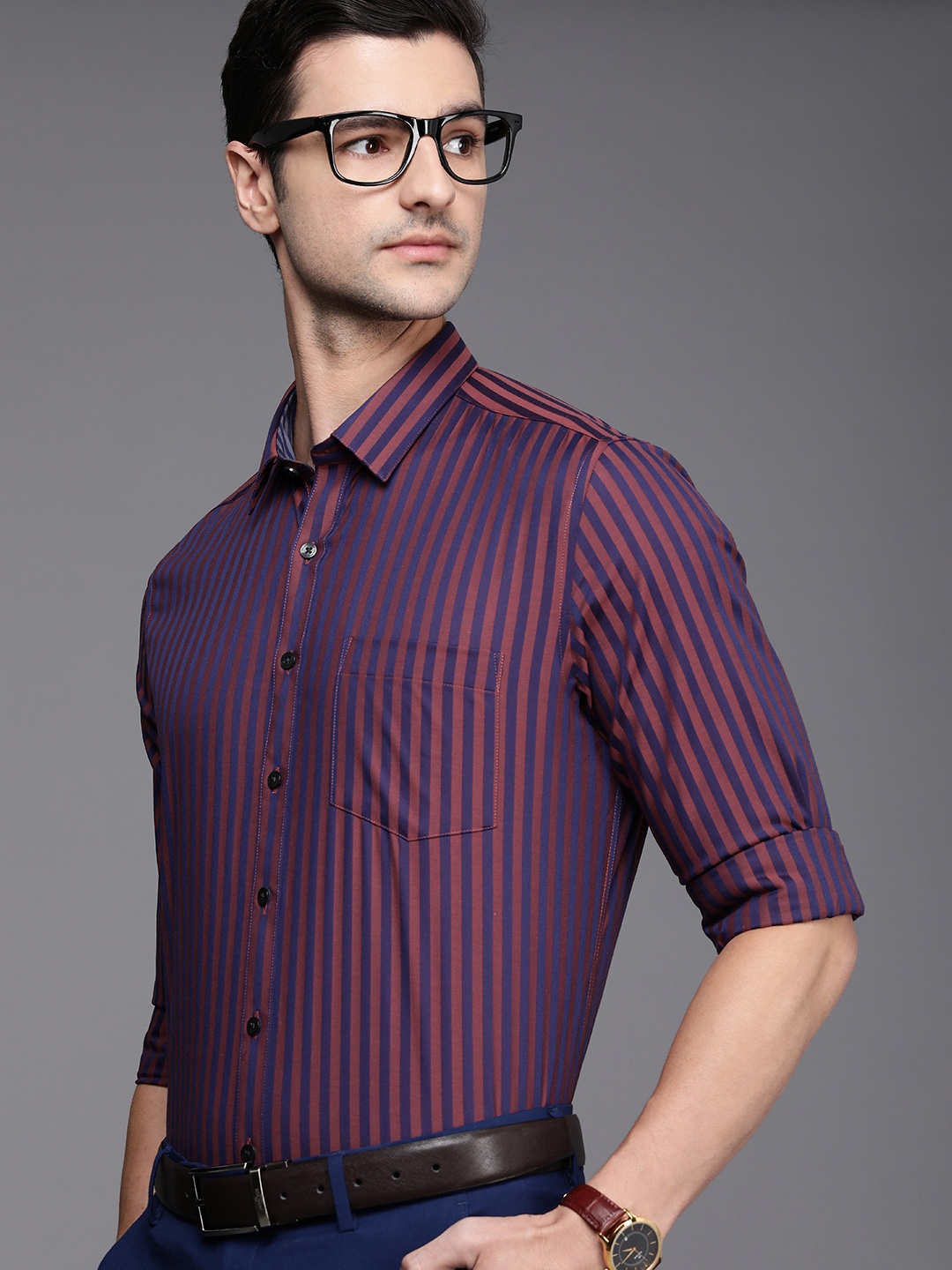 

Louis Philippe Navy Blue & Rust Brown Striped Slim Fit Stretchable Formal Shirt