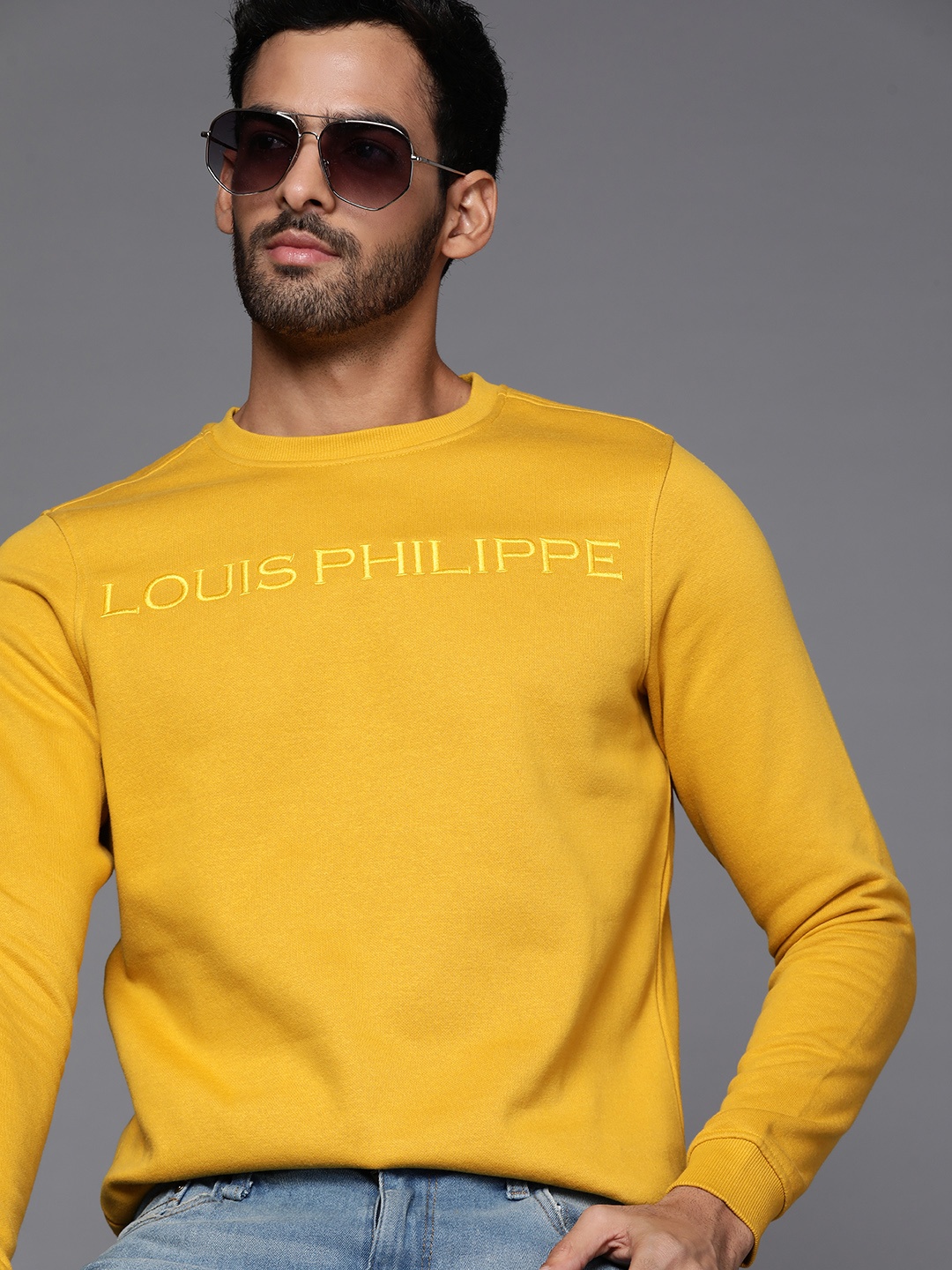 

Louis Philippe Men Mustard Yellow Embroidered Brand Logo Sweatshirt