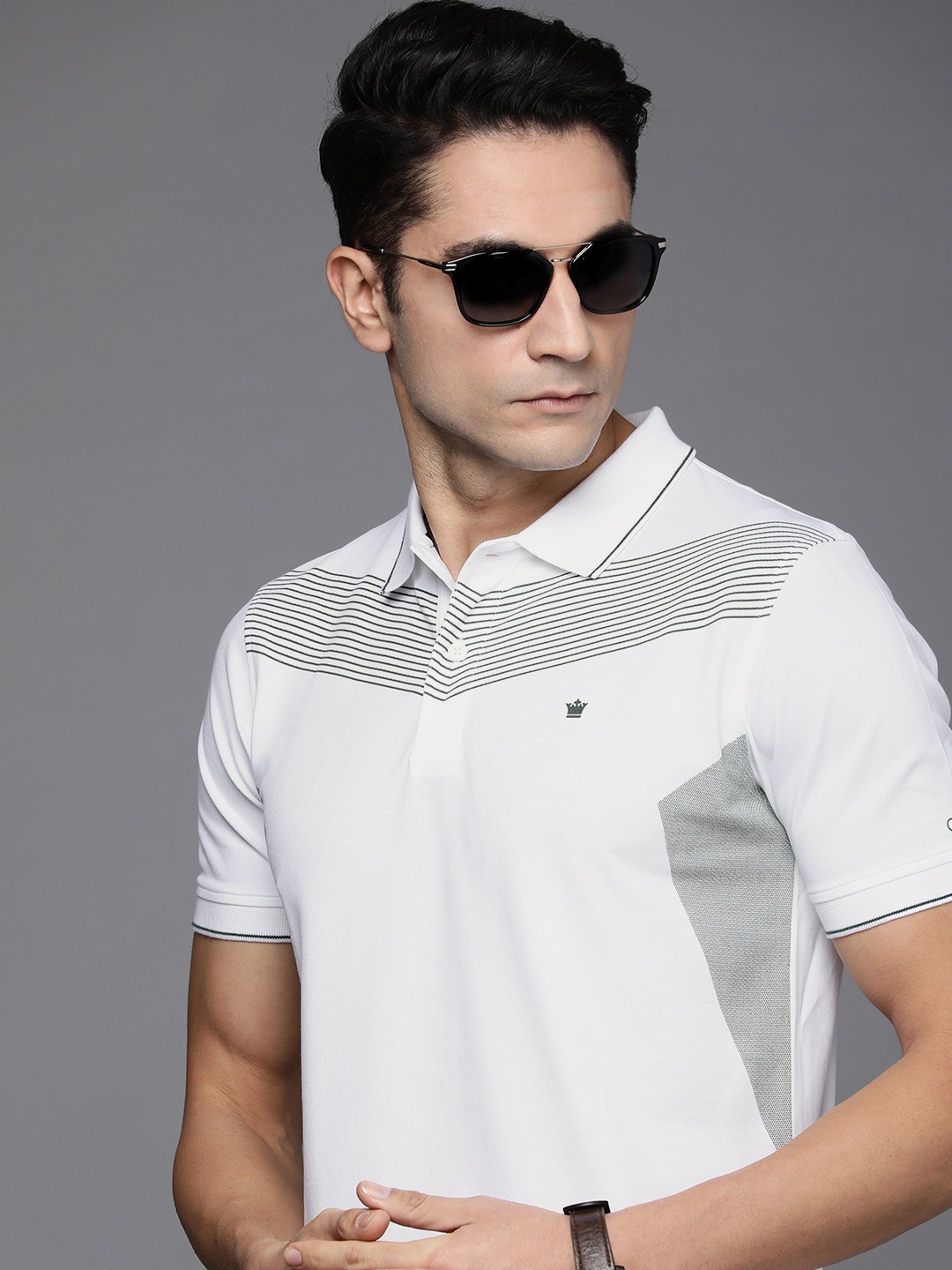 

Louis Philippe Men White & Green Striped Polo Collar T-shirt