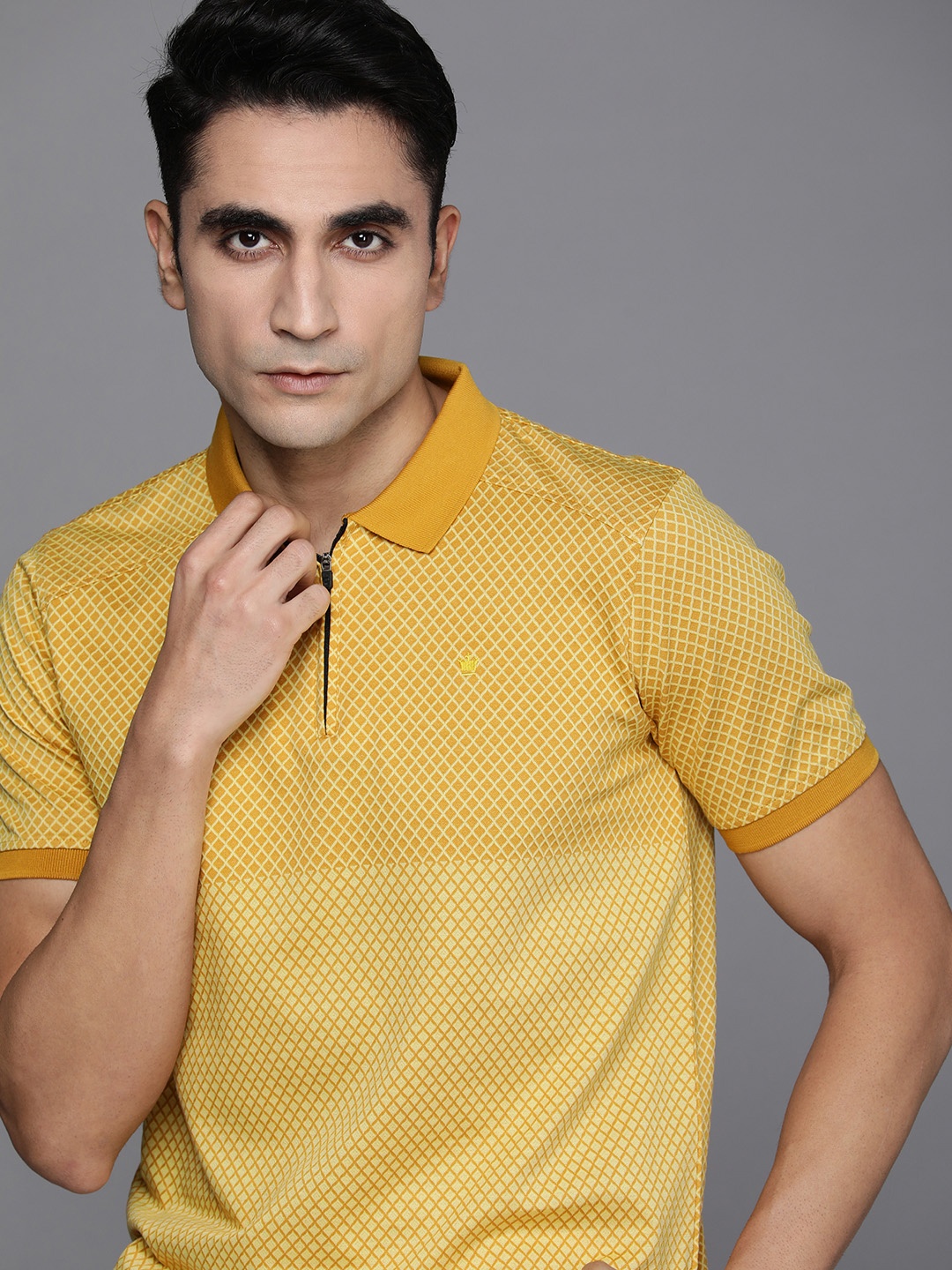 

Louis Philippe Men Mustard Yellow Printed Polo Collar Pure Cotton T-shirt