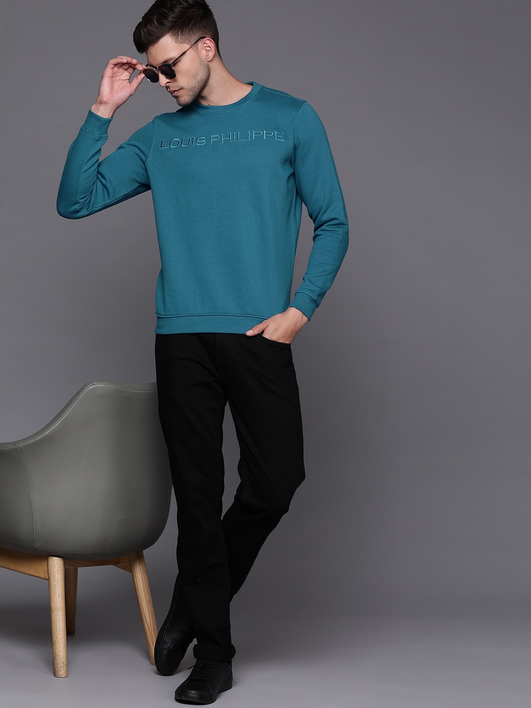 

Louis Philippe Men Teal Green Embroidered Sweatshirt