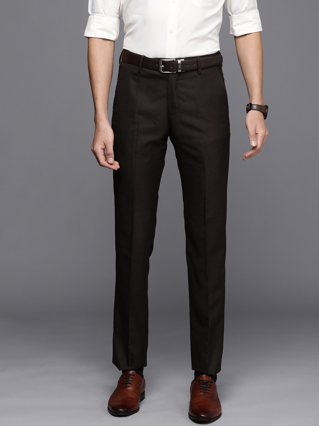 

Louis Philippe Men Brown Textured Self Designed Slim Fit Formal Trousers