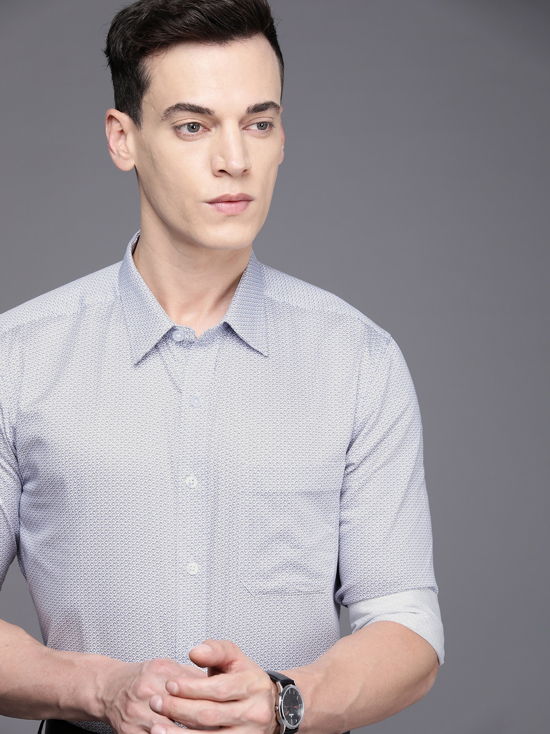 

Louis Philippe Blue & White Printed Pure Cotton Slim Fit Formal Shirt