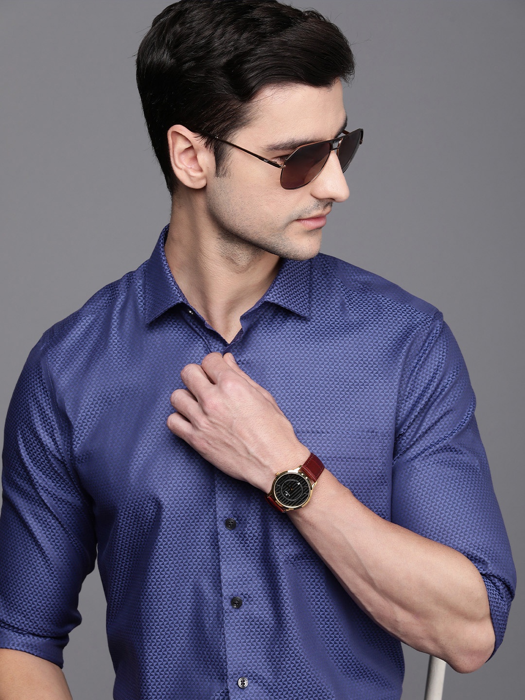 

Louis Philippe Men Blue Self-Design Slim Fit Pure Cotton Formal Shirt