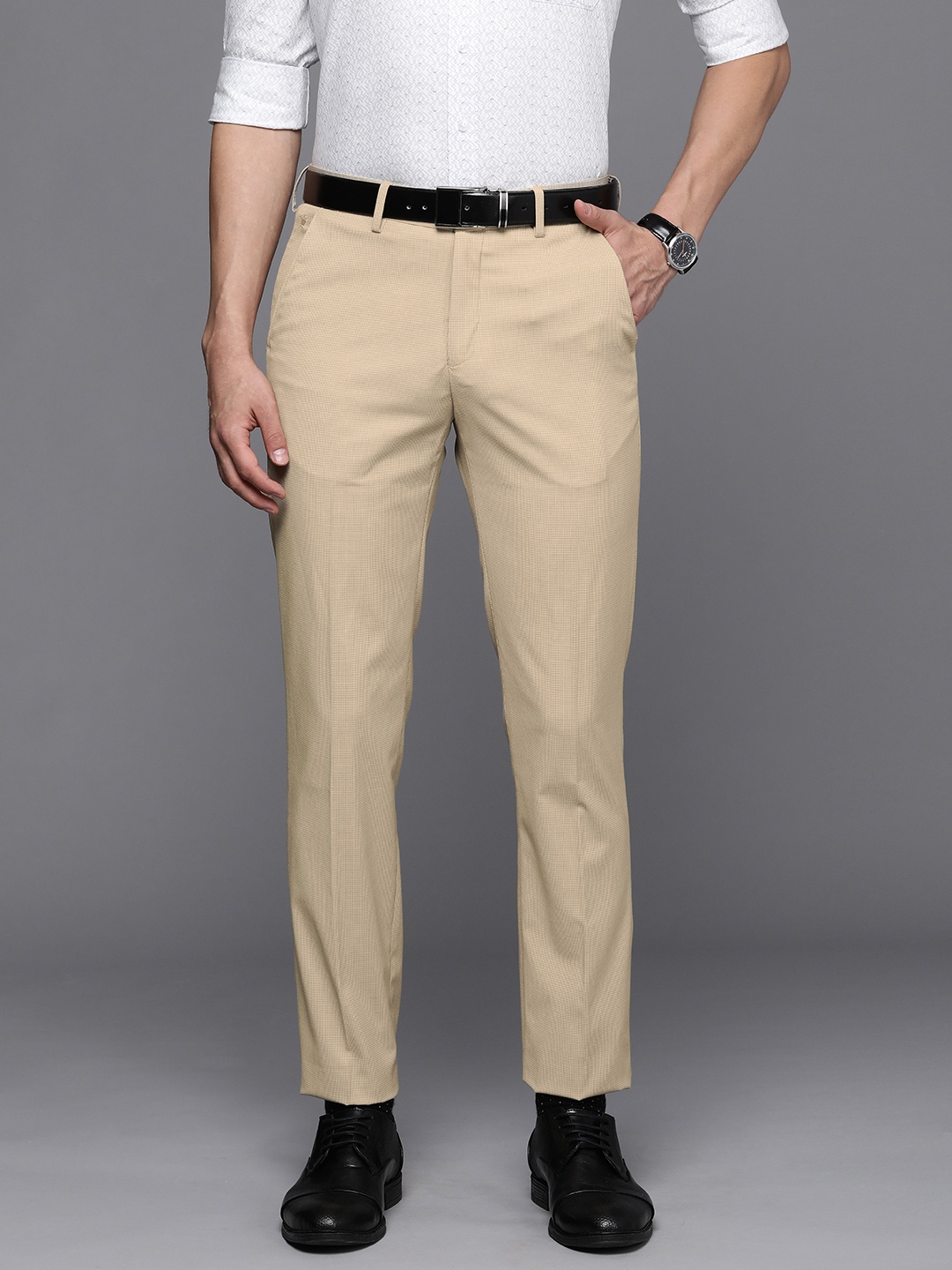 

Louis Philippe Men Beige Textured Slim Fit Formal Trousers