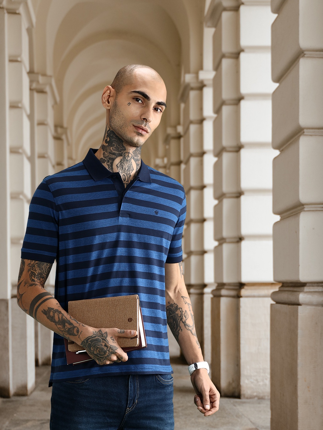 

Louis Philippe Men Navy Blue Striped Polo Collar Pure Cotton T-shirt