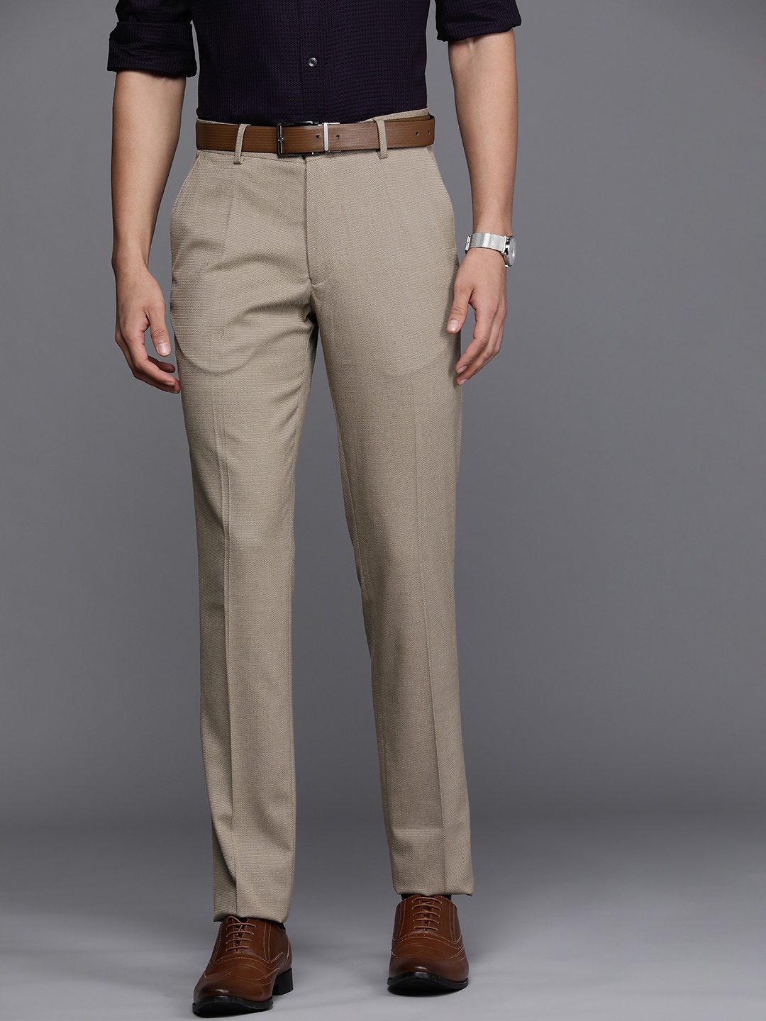 

Louis Philippe Men Textured Slim Fit Formal Trousers, Khaki