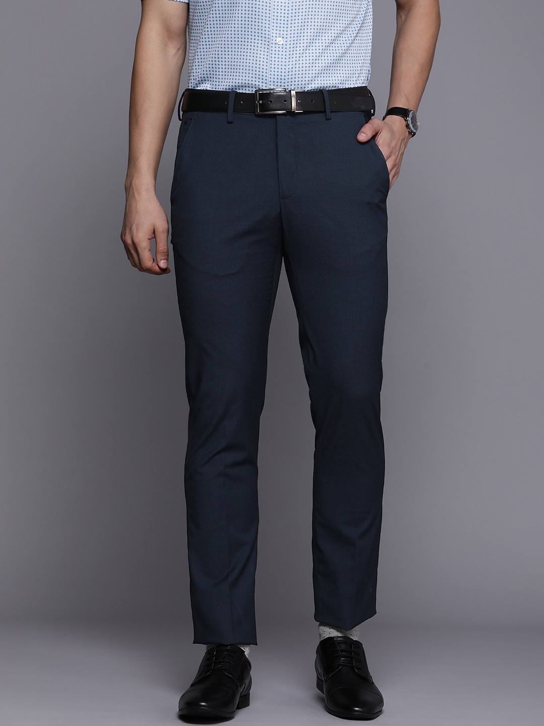 

Louis Philippe Men Navy Blue Textured Slim Fit Cropped Formal Trousers