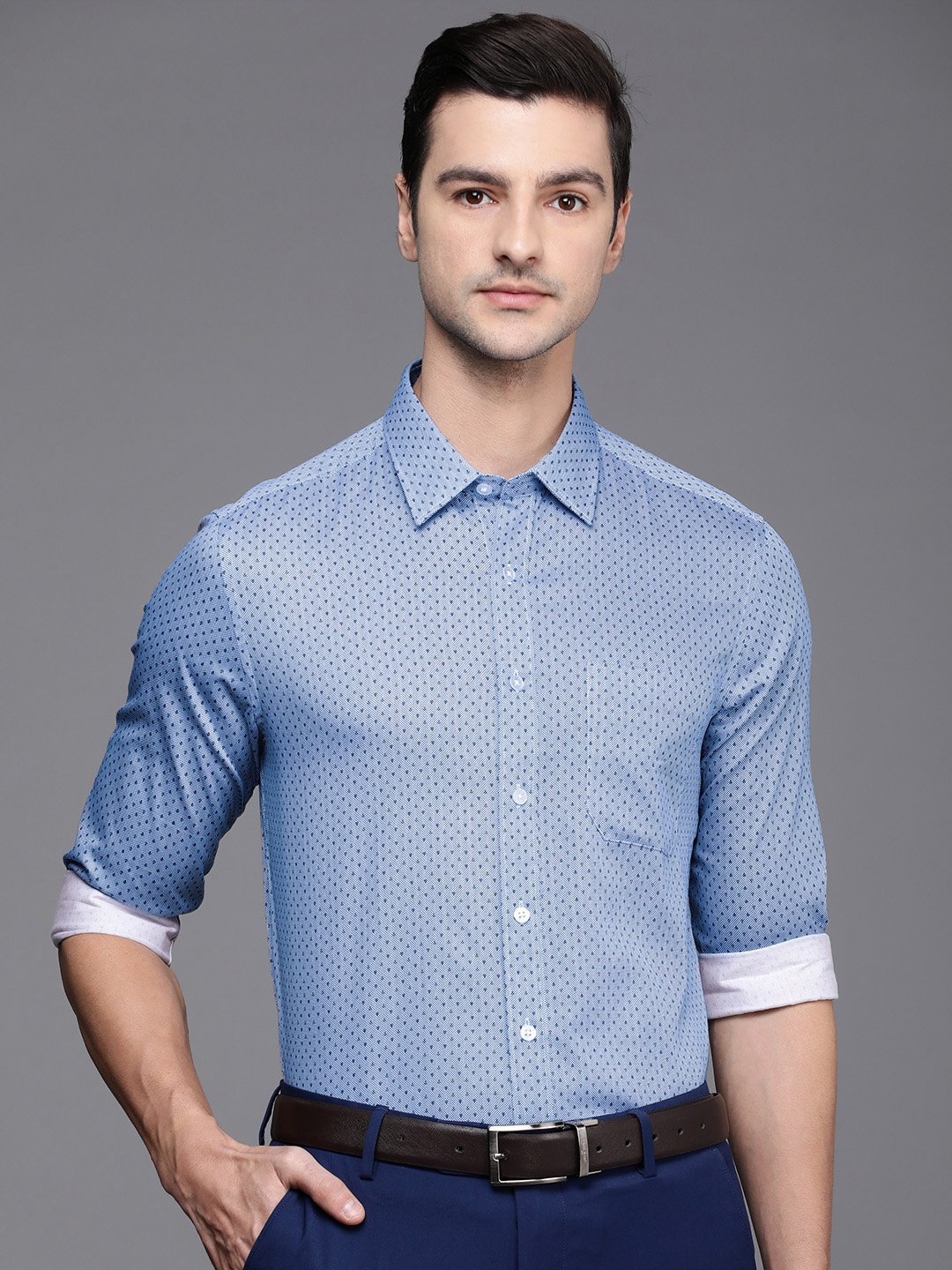 

Louis Philippe Men Blue Slim Fit Printed Pure Cotton Formal Shirt