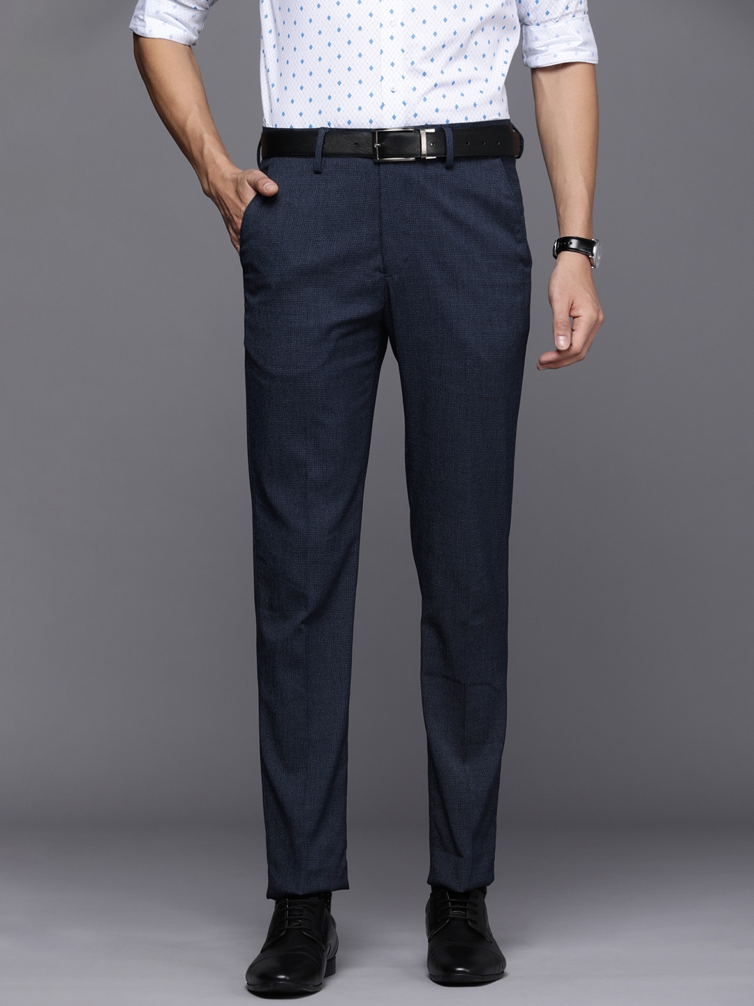 

Louis Philippe Men Navy Blue Textured Slim Fit Trousers