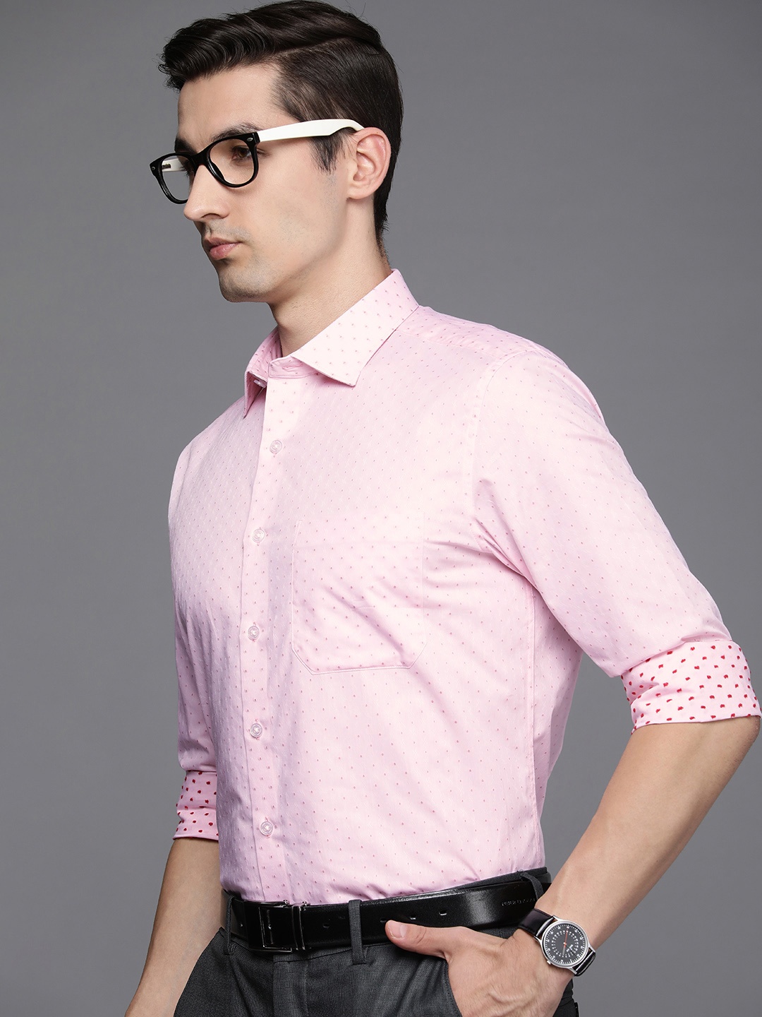 

Louis Philippe Men Pink Self-Design Slim Fit Pure Cotton Formal Shirt