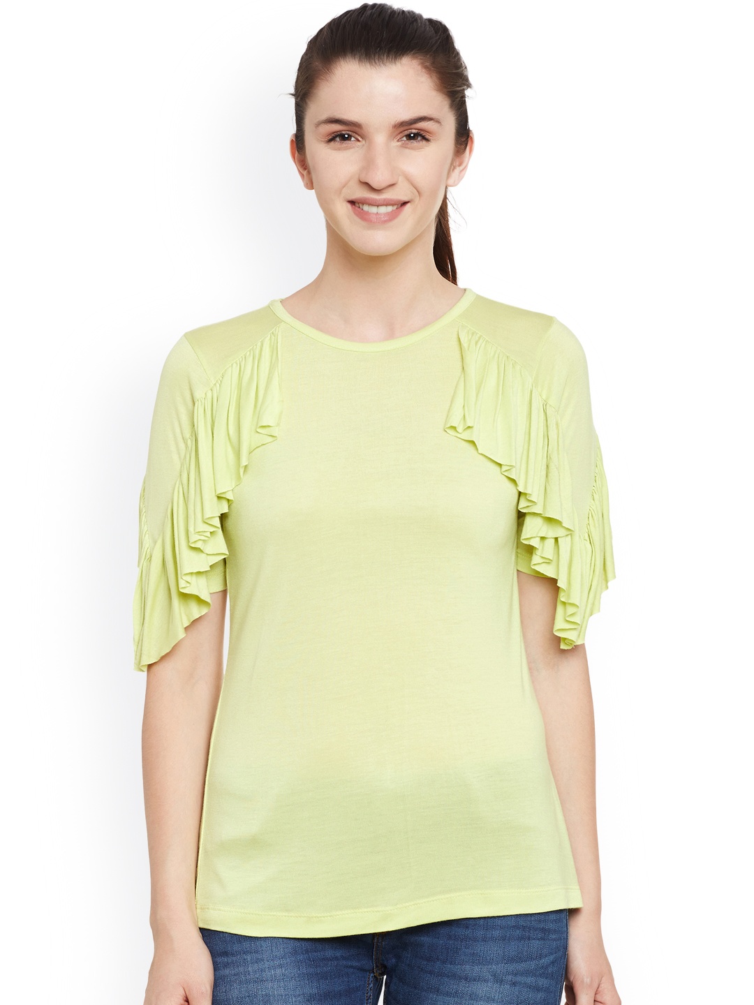 

Belle Fille Women Lime Green Solid Top with Ruffled Detail