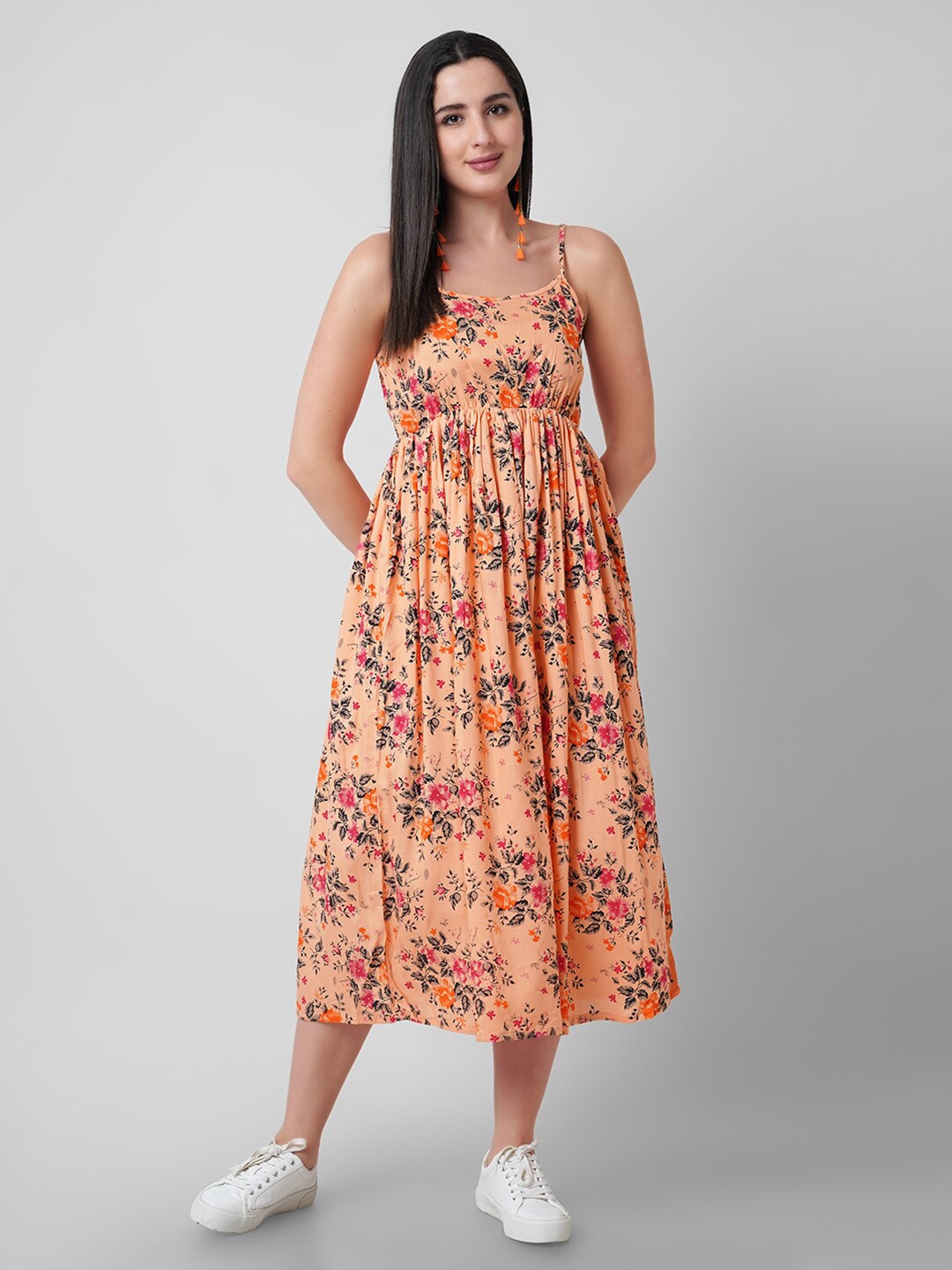 

Mollar Women Orange Floral Printed Fit & Flare Midi Dress