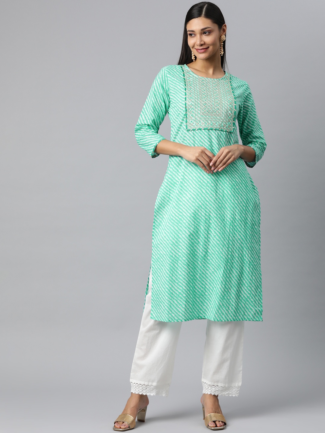 

Nirkhi Women Sea Green Leheriya Embroidered Kurta