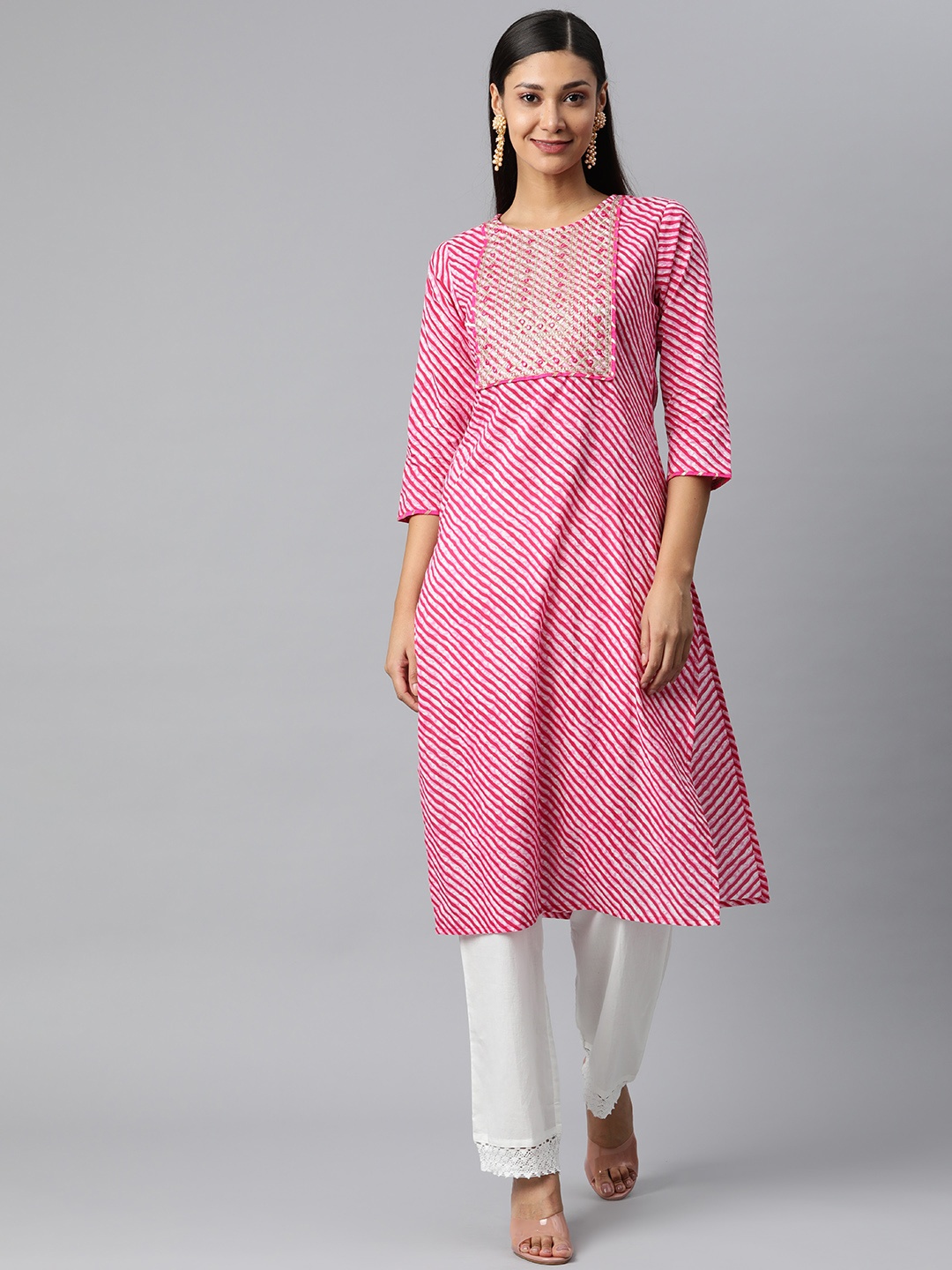 

Nirkhi Women Pink & White Leheriya Embroidered Mirror Work Kurta