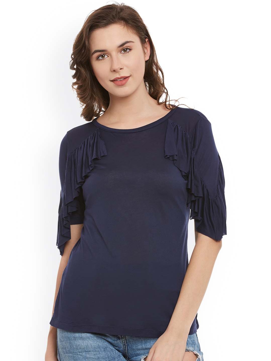 

Belle Fille Women Navy Blue Solid Top with Ruffled Detail