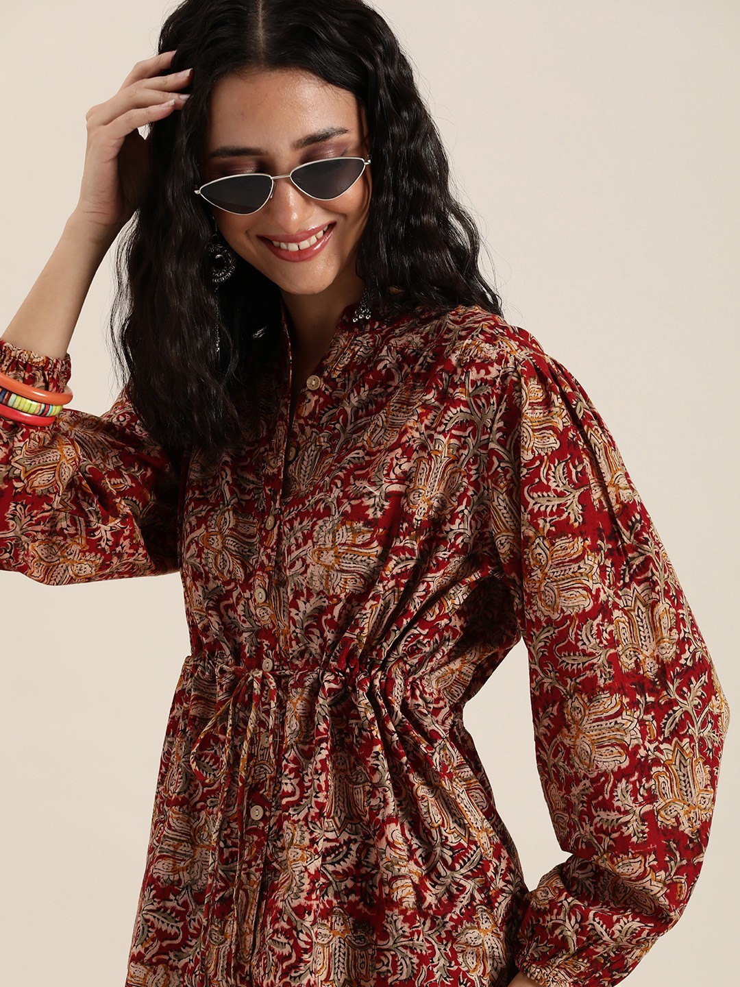 

Taavi Women Maroon Kalamkari Print Drawstring Detail Shirt Style Top