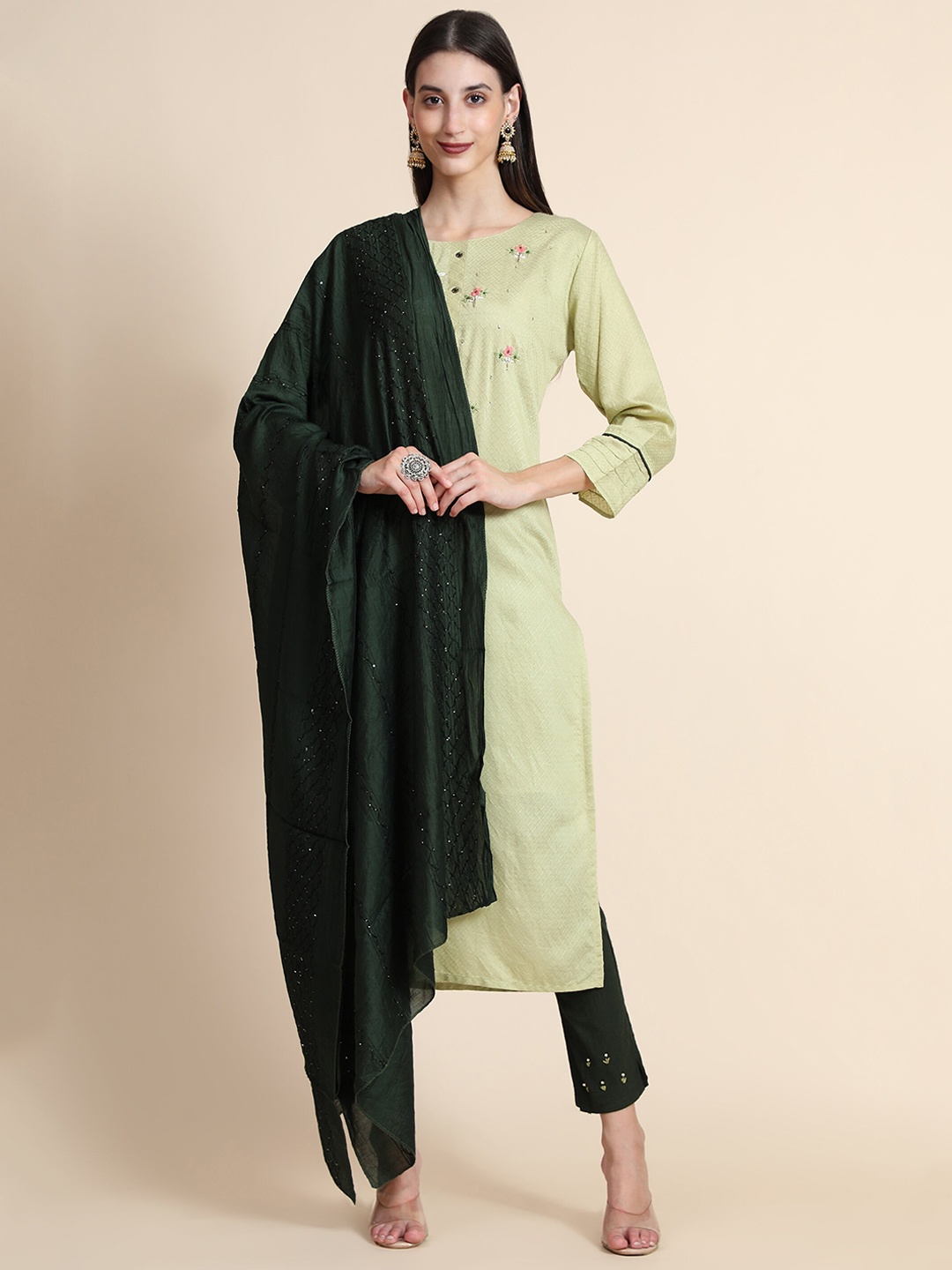 

Color Trends Women Lime Green Kurta with Trousers & With Dupatta